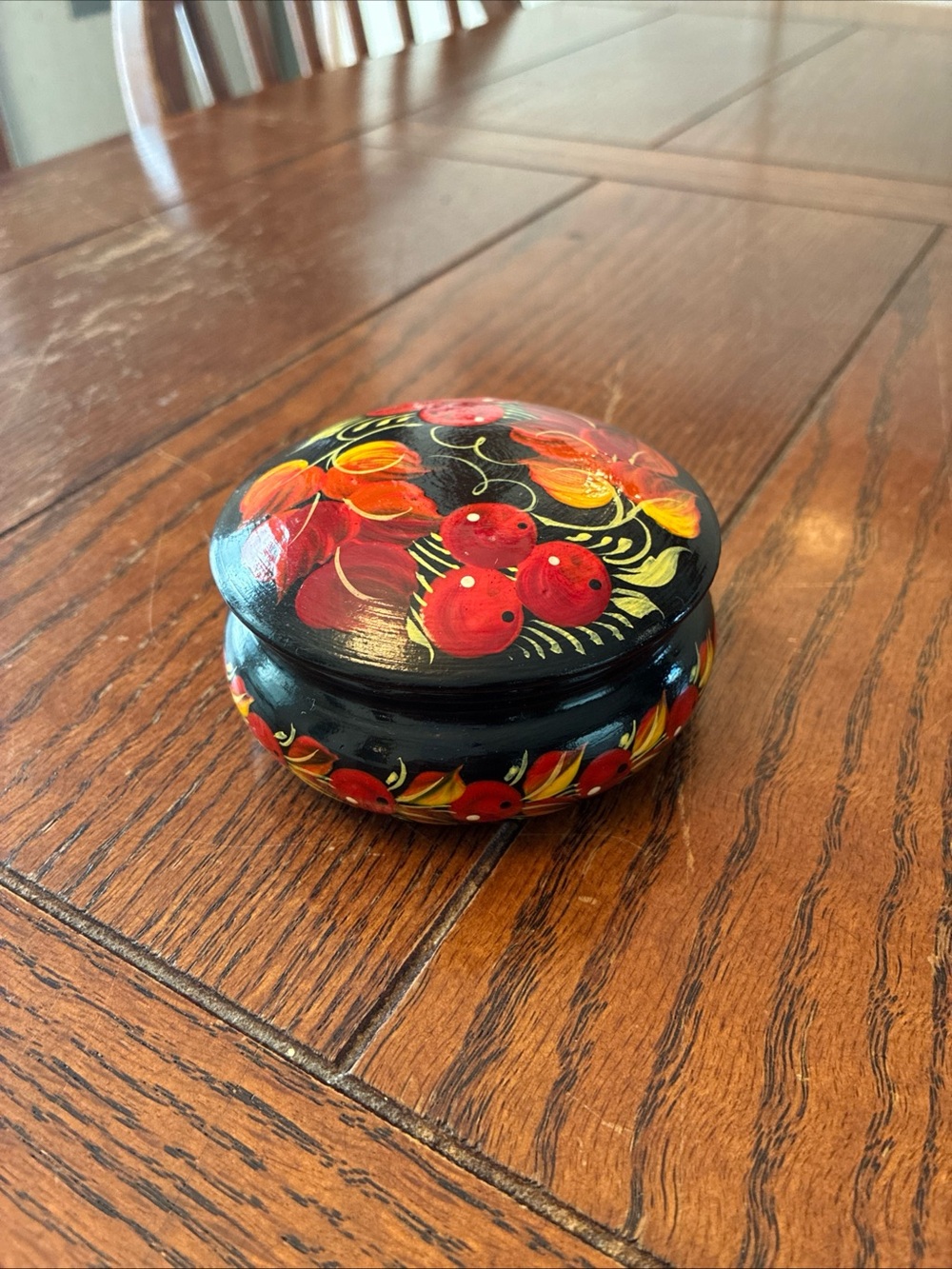 Ukrainian Hand Painted Wood Black Flowers Trinket Box Signed Khokhloma